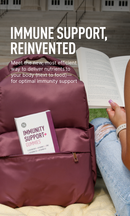 Neora’s NEW Immunity Support+ Gummies in a backpack with a woman sitting next to it reading a book.